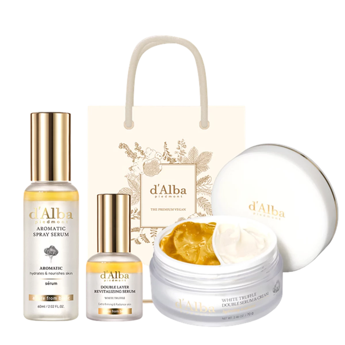 White Truffle First Aromatic Spray Serum 60ml + Double Layer Revitalizing Serum 30ml + Double Serum and Cream 70g + Gift Bag