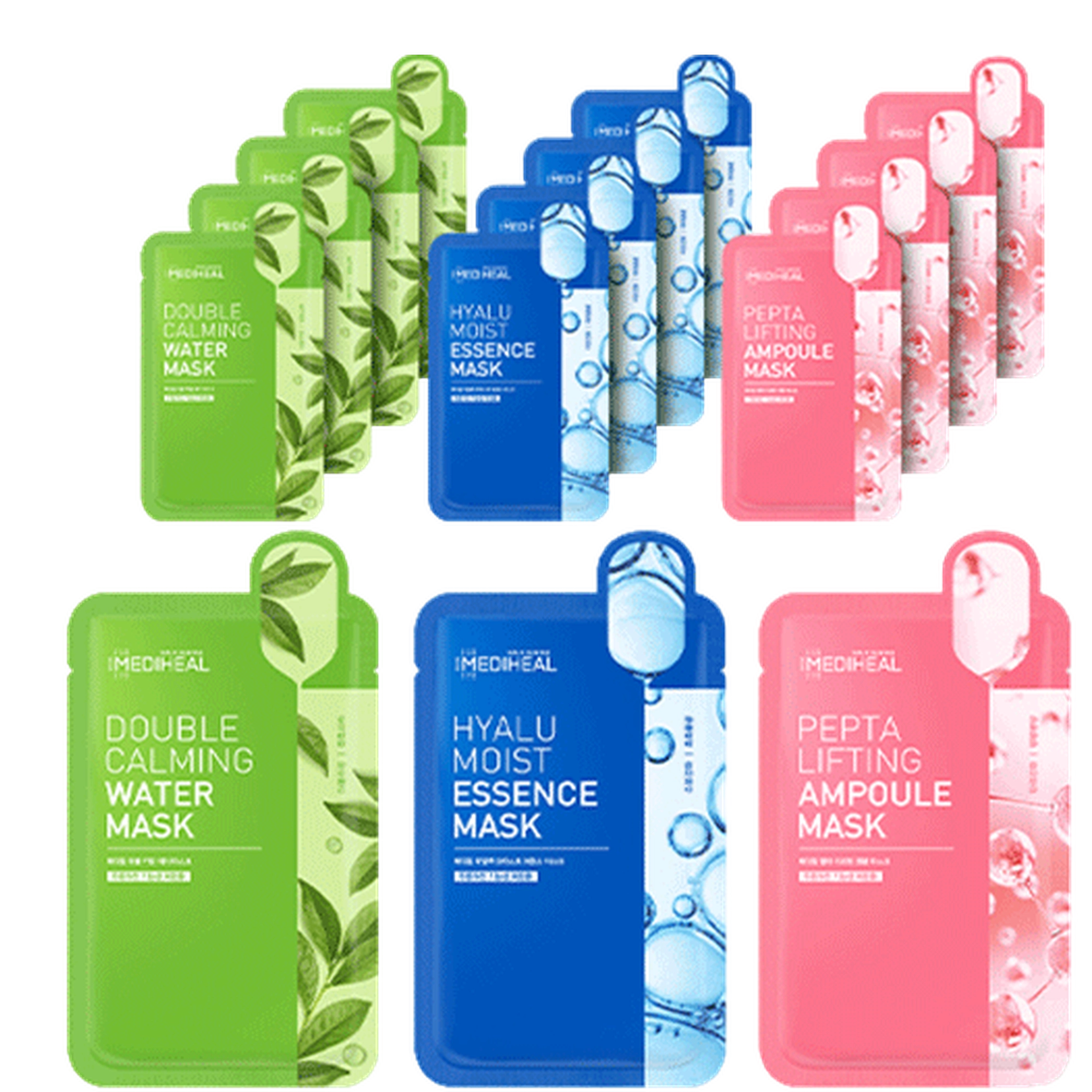 Double Calming Water Mask + Hyalu Moist Essence Mask + Pepta Lifting Ampoule Mask, 15 sheets, 1 set
