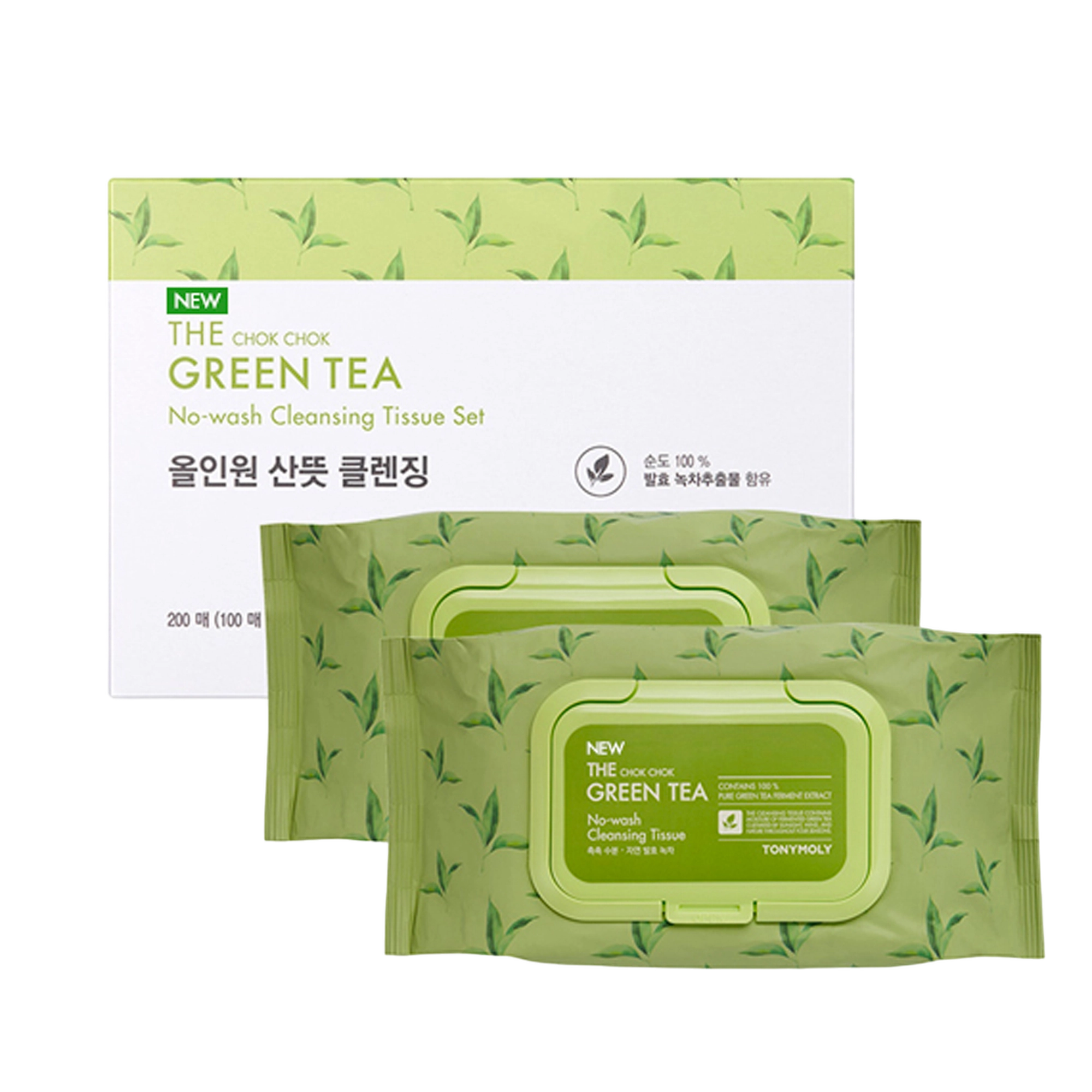 The Chok Chok NEW Green Tea No-wash Cleansing Tissue Set, 100ea, 2packs