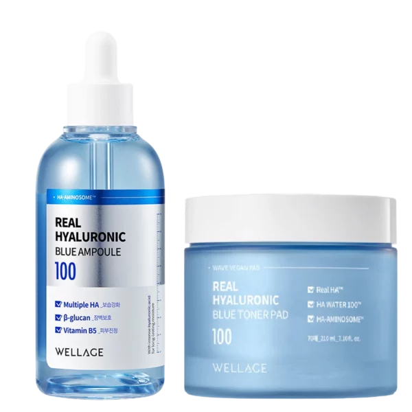 Real Hyaluronic Blue 100 Ampoule 100ml + Blue Toner Pads 70 Sheets 210ml Set